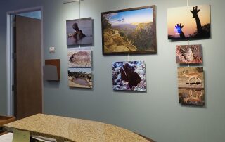 A wall with several pictures hanging on it.